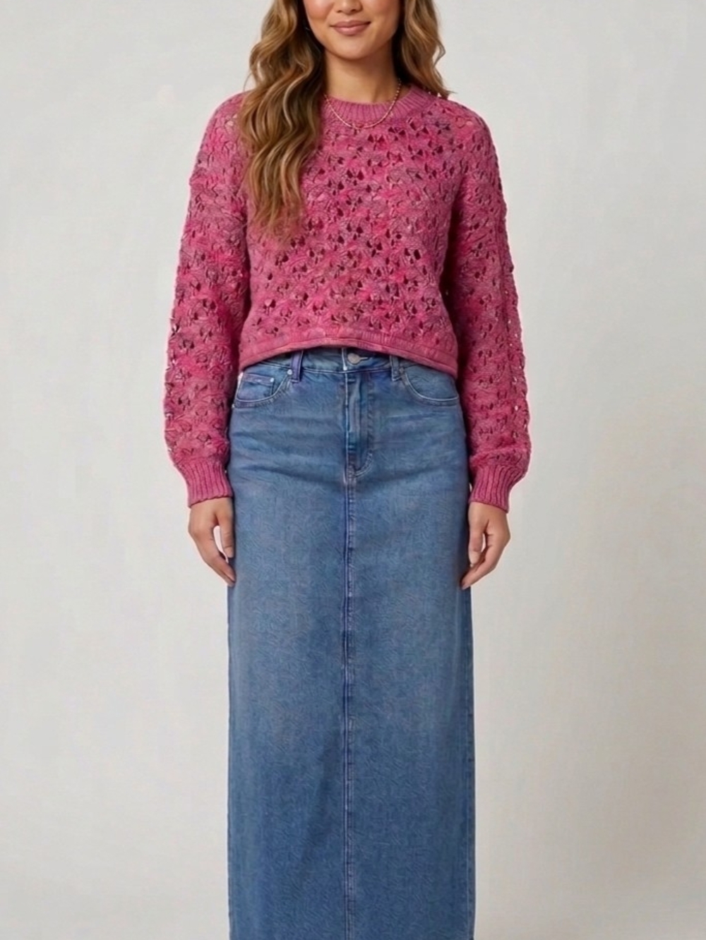 ZENANA | Open-Knit Crewneck Cropped  Sweater